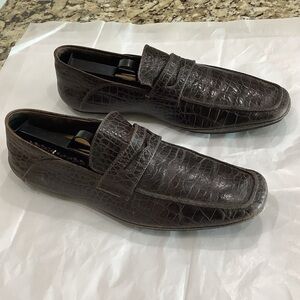 Cole Haan Dark Brown Croc-Embossed Leather Penny Loafers